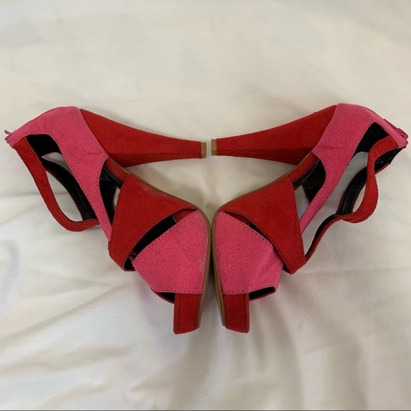 Liliana Red suede red pink straps hidden platform heel sandals duo tone peep toe - Picture 2 of 16